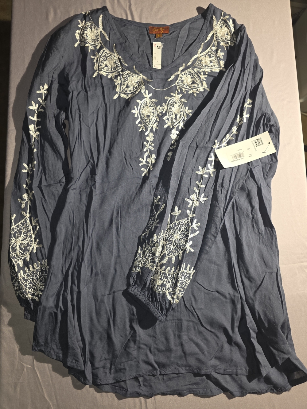 Scully Blue V-Neck Embroidered Long-Sleeve Blouse